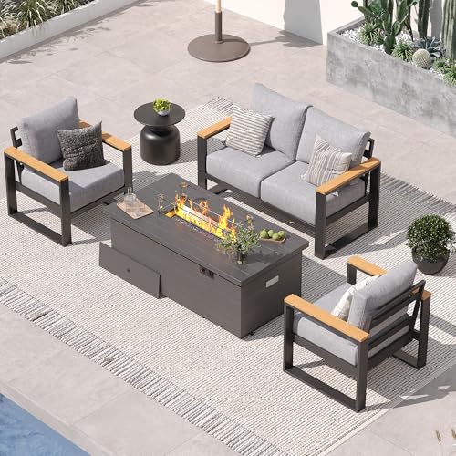 Image of Sundale Outdoor Aluminum Patio Furniture Set, 4 Piece Outdoor Conversation Sets with Fire Pit and 6 inch Thick Olefin Cushions, All Weather Outdoor Sectional Set for Deck, Lawn, Yard (Grey)