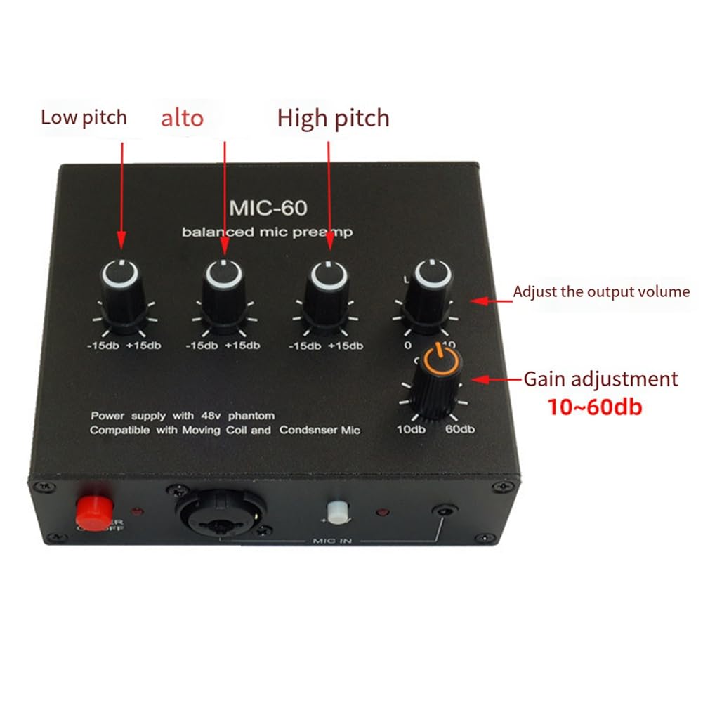 Amplificatore Microfonico Dinamico Bilanciato Amplificatore Audio Musicale MIC-60 con Alimentazione Phantom 48V con da 3,5 mm