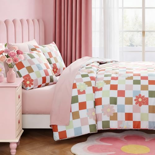 Image of Full Size Comforter Set for Girls Colorful Checkered Bed in a Bag 7 Pieces