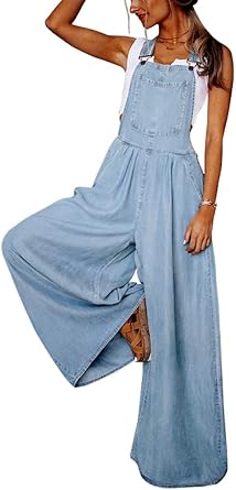 utcoco Womens Casual Loose Denim Overalls Adjustable Strap Wide Leg Bib Jean Overalls Jumpsuit with Pockets