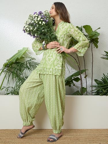 Image of EthnicJunction Women's Linen Floral Print Summer Wear Straight Short Kurti with Afghani Pant Set | Co Ord Set for Women Stylish | Fusion wear Women