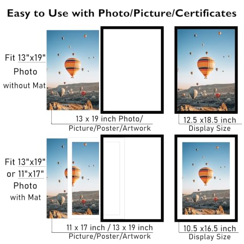 Image of JCJMY 13x19 Picture Frame with 11x17 Mat, Black 13 x 19 Poster Frame with Shatter Resistant Plexiglass, Display 11 x 17 with Mat or 13 by 19 Without Mat, Sturdy Wall Hanging Frame, 1 Pack