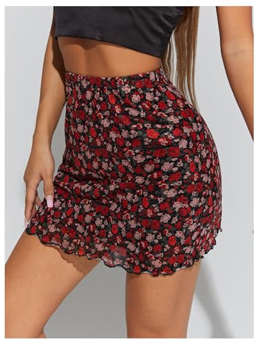 WDIRARA Women's Floral Print Lettuce Trim Mesh Bodycon Skirt Boho High Waist Mini Skirts4