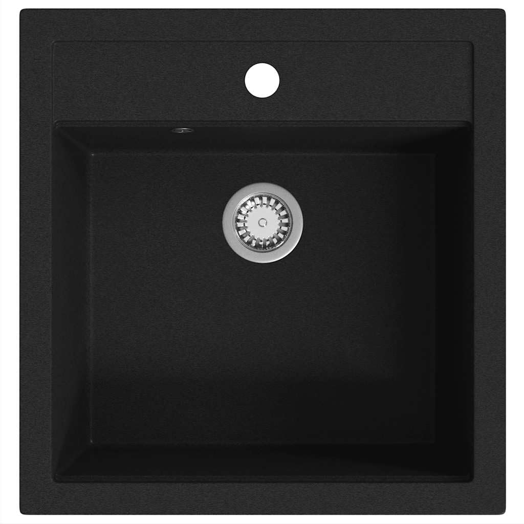 vidaXL Granite Kitchen Sink Single Basin Black Overmount with Basket Strainer