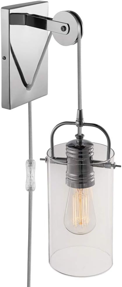 GLOBEElectric Nordhaven 1-Light Plug-In or Hardwire Wall Sconce, Chrome Finish, Pulley Accent 65946, Bulb Not Included