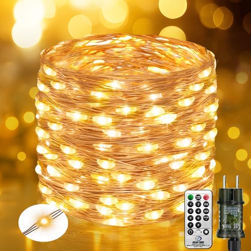 btfarm Guirlande Lumineuse avec Télécommande, 10M 100 LED Guirlande Intérieur avec Minuterie IP65 Étanche, 8 Modes Cuivre Fil Fairy Lights pour Exterieure Noel Mariage Fête Christmas, Blanc Chaud