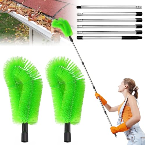 Gutter Cleaning Tools Telescopic, Afenau 2.5M/8Ft Telescopic Gutter Cleaner with 6 Poles and 2 Cleaning Brushes, Gutter Cleaning Brush, Roof Gutter Cleaner Equipment for Removing Leafy Debris (Green)