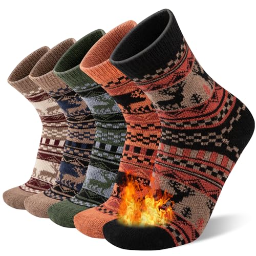 COOVAN Mens Wool Socks Winter Warm Pattern Thick Hiking Thermel Cold Weather Crew Socks 5 Pairs