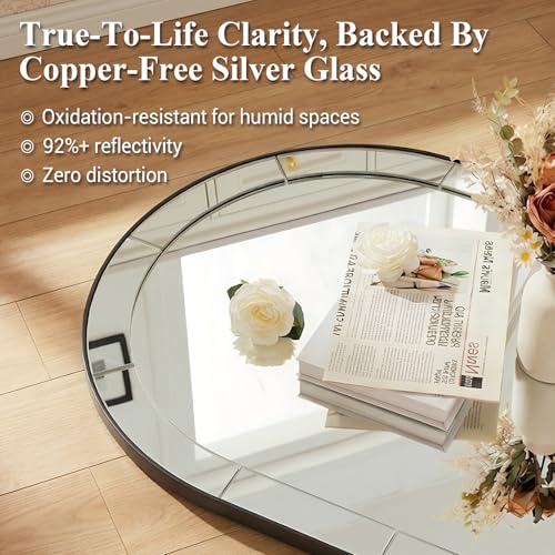 Image of MOON MIRROR Arched Mirror for Bathroom, Bathroom Mirrors for Over Sink, 26x38 inch Matte Black Non-Rusting Vanity Mirror in Delicate Tessellated Glass Design
