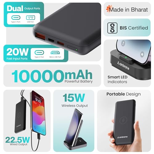 Ambrane 10000mAh 4 in 1 Wireless Charging Power Bank Black - Image 7
