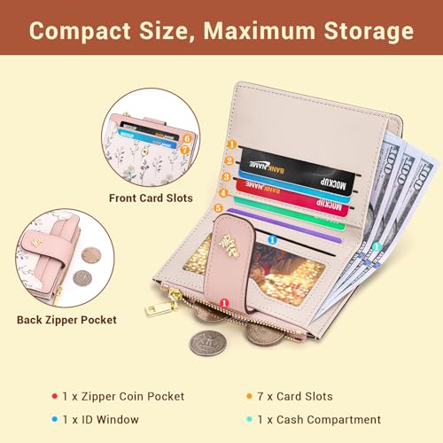 Image of YINHEXI Women's Wallet, Compact and Small Bifold PU Leather Card Holder, Mini Purse with Coin Pocket for Ladies, Girls (Floral Pink)