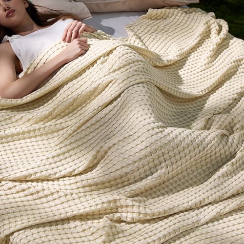Image of Bedsure Cooling Waffle Rayon Derived from Bamboo King Blanket,104x90 Inches | Summer blanket for hot sleepers, Breathable lightweight cotton rayon derived from bamboo blanket for bed couch sofa, Natural