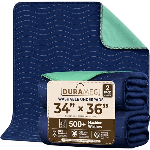 Image of DURAMEG Reusable Underpads 34x36 (2 Pack) Washable Bed Pads for Incontinence Adults, Waterproof Mattress Protector, Puppy Pads Washable, Heavy Absorbent, Leakproof, Non Slip Backing