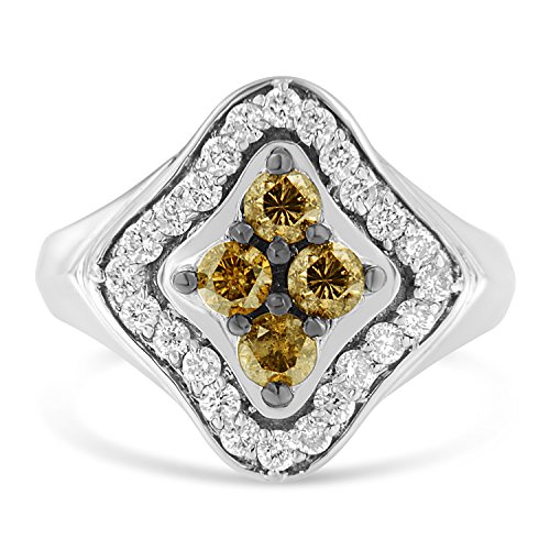 Original Classics 14K White Gold White and Champagne Round Cut Diamond Square Cluster Ring (1.15 Cttw, Champagne Color, I1-I2 Clarity) - Size 6-3/4