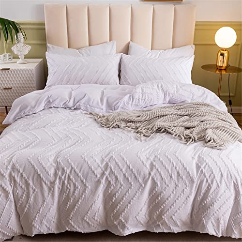 Odot Fundas de Edredón Jacquard Cheurón, Juego de Ropa de Cama con Funda de Nórdico y Funda de Almohada, Juego Ropa de Cama para Cama Individual y Matrimonio (Blanco,135x200cm-2 Piezas)