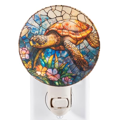Image of Coastal Sea Turtle Night Light - Stained Glass Styled Plug-in Wall Light, Real Glass Ocean Theme Night Lamp for Bathroom, Bedroom, Hallway, Beach House Decor