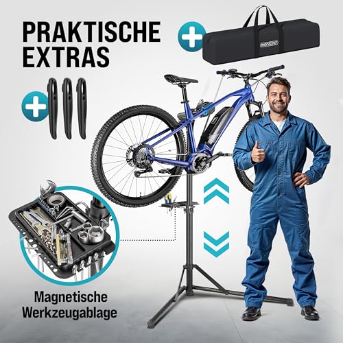Monzana® Fahrradmontageständer Profi 50 kg für E-Bike Tragetasche Reifenheber Werkzeugablage Stahl klappbar höhenverstellbar Reparaturständer Fahrrad