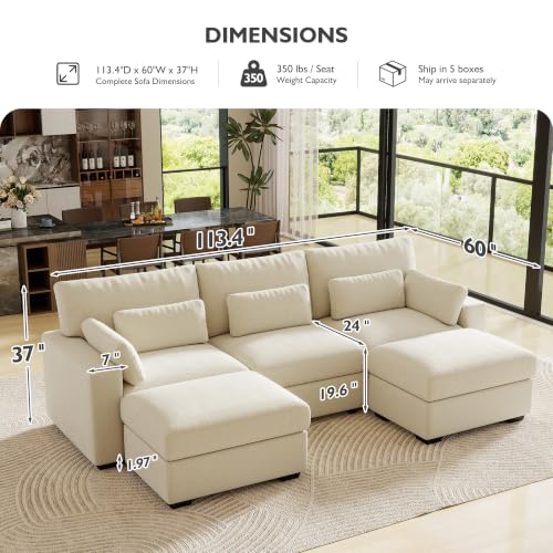 Ihanherry 113.4" Modular Sectional Sofa, U Shaped Cloud Couch with Extra Deep Seat, Comfortable Chenille Couch with Movable Ottoman, Oversized Modern Sectional Couches for Living Room (Beige) - Image 2