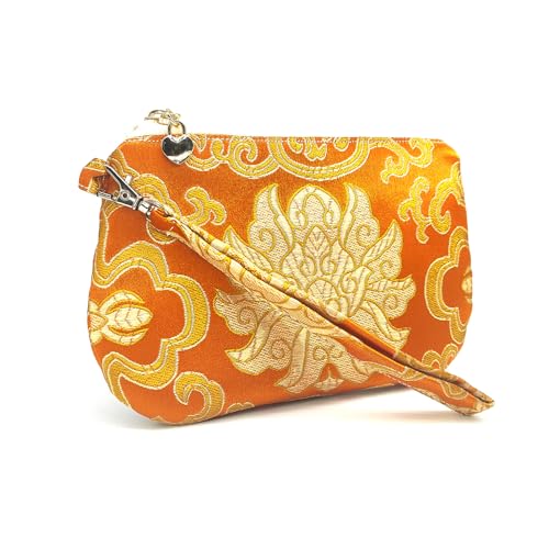 Image of Exquisite Handmade Silk Zipper Jewelry Pouch with Wristlet Strap | Women's Coin Purse Brocade Wallet for Makeup and Gifts, Orange