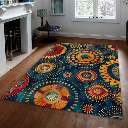 100x150 Alfombra Bohemia Vintage cacheley Floral Respaldo Antideslizante Alfombra Lavable Pelo bajo Dormitorio salón Comedor Oficina casa casa Campo alfombras abstractas Azul Girasol