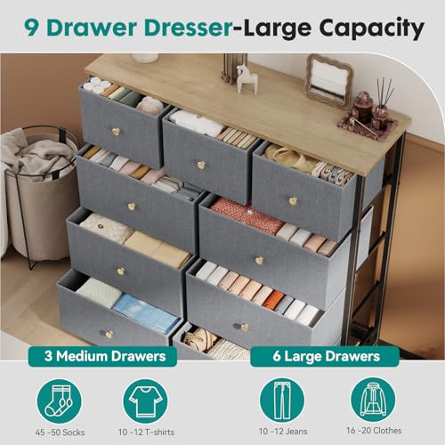 Image of OLIXIS 9 Drawer Tall Dresser for Bedroom, Closet Organizers and Storage | Fabric Dresser with Wooden Top, Chest of Drawers for Clothes Storage, Tower Cabinet, Furniture, TV Stand, Gray Blue