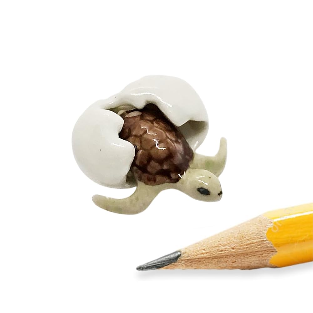 ChangThai Design Tiny ½ Inch Hatchling Baby Turtle Crawl From Egg Figurine - Miniature Hand Made Ceramic Turtles Tortoise Terrapin Testudines Animal Porcelain Decorative Collectible Figure Décor Gifts