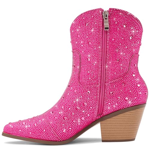 Image of Cowgirl Ankle Boots Cowboy Boots for Women Western Booties Rhinestone Chunky Heel Fashion Comfortable Side Zipper