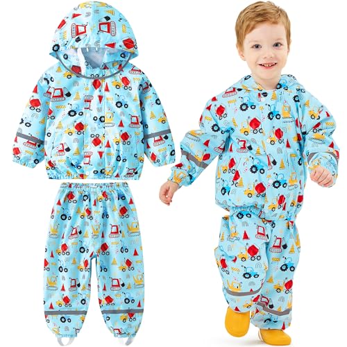 Baogaier Regenanzug für Kinder, Jungen Wind und wasserdicht Netzfutter Regenjacke & Regenhose Regenmantel mit Reflektor Regenset Regendichte Matschanzug Regenkleidung 1-2 Jahre, Hellblaues Auto