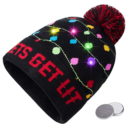 RAISEVERN Unisex Ugly LED Christmas Hat Lighting-up Holiday Cool Cute Lets GET LIT Colorful Tree Lights Knitted Pompom Cap Funny Sweater Beanie Hats for Family Festival Merry Xmas Party