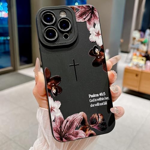 Coque chrétienne iPhone 16 Pro Max pour femmes motif croix et fleurs noires