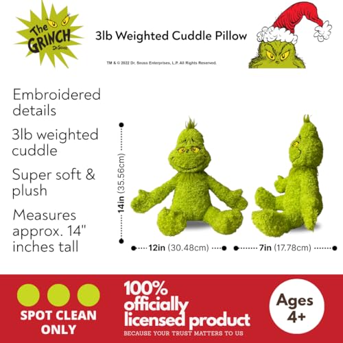 Image of Franco Calm Dr. Seuss Grinch Bedding Super Soft Plush Calming 3Lb Weighted Cuddle Pillow Buddy, Comfort Pillow (Officially Licensed Product)