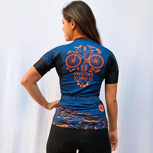 CAMISA FEMININA SKULL BIKE FLUOR AZUL MARINHO MANGA CURTA - PP