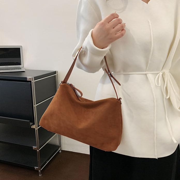 Image of Suede Shoulder Bags For Women Crossbody Bag Suede Tote Bag Satchels Slouchy Work Purses Crescent Handbag Fall Top Handle
