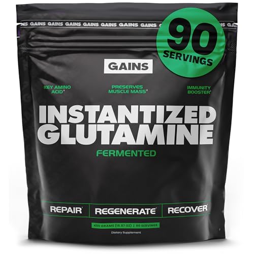 Gains in Bulk L-Glutamine, Gluten Free Glutamine Powder for Muscle Recovery and Growth, Post Workout Support, Amino Acid Supplement, Promotes Protein Synthesis, Non GMO, Unflavored, 90 Servings