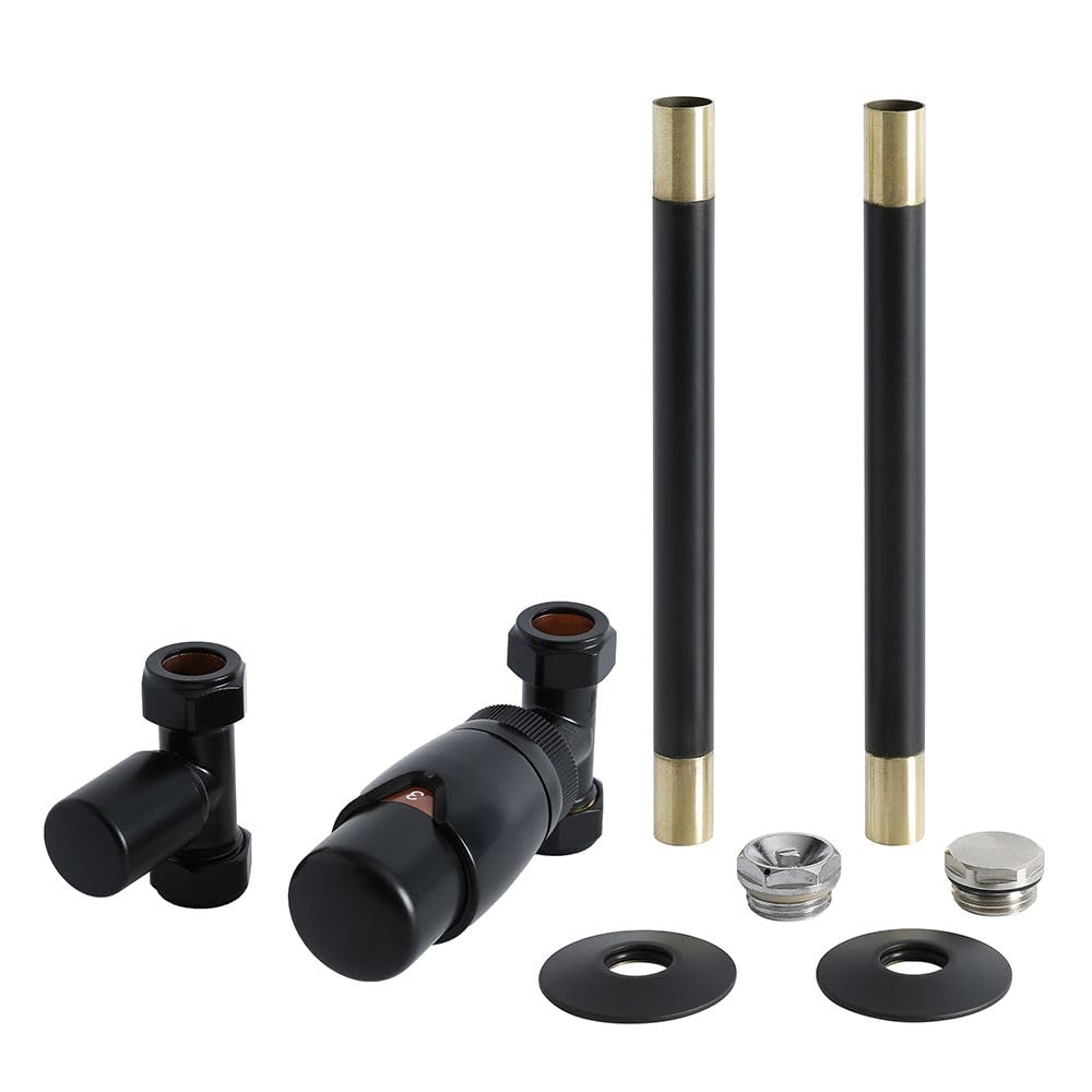 Milano Black Straight Radiator Heated Towel Rail Thermostatic Lockshield Valve Pipe Connector