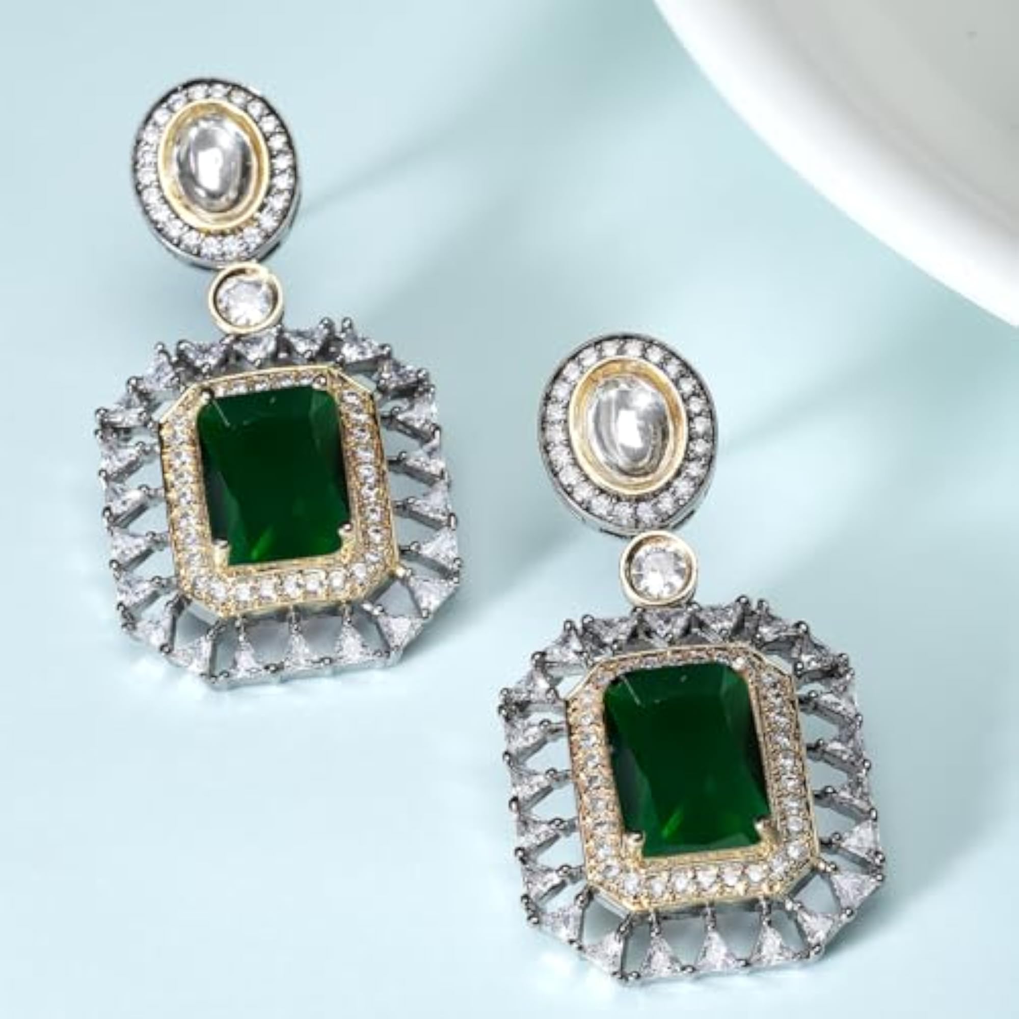 Black Silver Plated Lime Green American Diamond Studded Drop Earrings