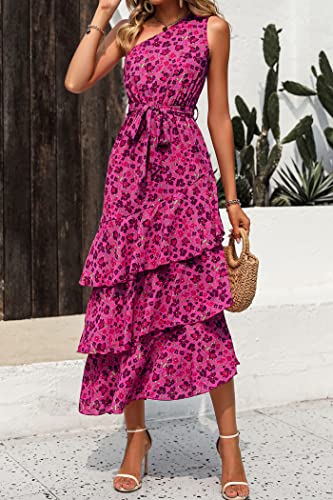 PRETTYGARDEN Women's Summer Floral Sundress Casual One Shoulder Tiered Ruffle Flowy Midi Beach Boho Dresses (Floral Rose Red,Small) - image 4