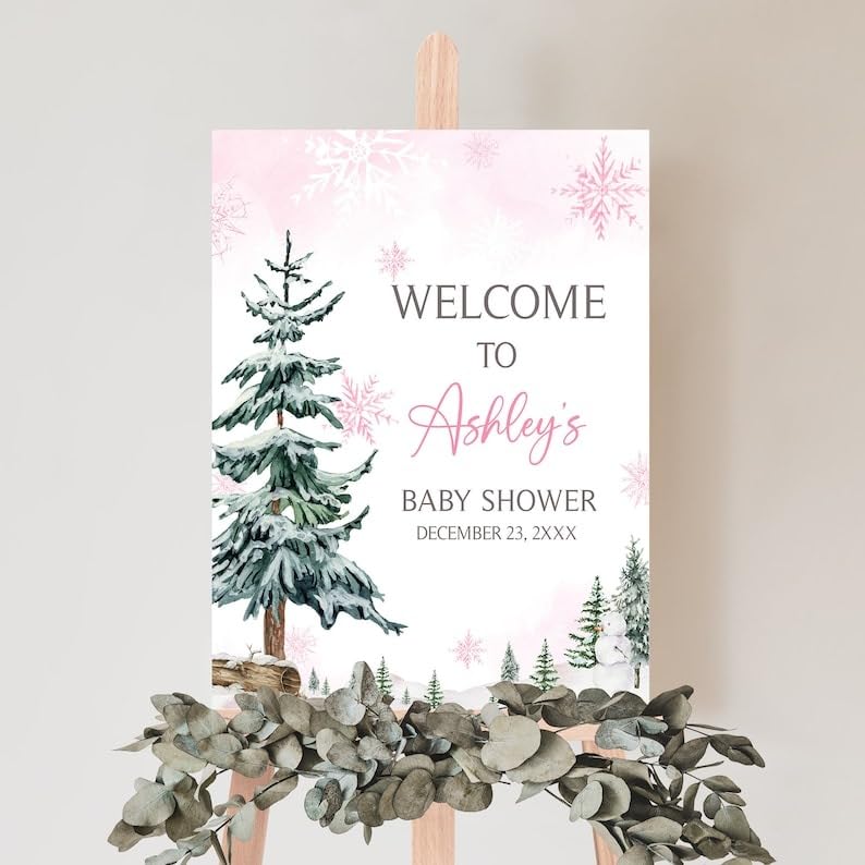 Personalized Editable Baby It's Cold Outside Welcome Sign, Custom Girl Winter Wonderland Baby Shower Poster, Pink Snowflake Decor for Baby Shower, Baby Winter Shower Decor, Baby Shower Sign, Baby Shower Decorations