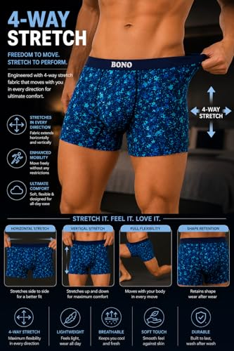Image of BONO Men's Printed Trunks Regular Fit Cotton Blend Anti-Bacterial Microfibre Comfortable Waistband Underwear