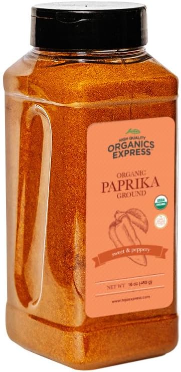- HQOExpress Organic Paprika – Non GMO, Kosher, USDA Certified Organic Ground Paprika Powder – Sweet and Mildly Spicy Seasoning for Soups, Chilis, Sauces and Stews, 16 oz. Chef Jar