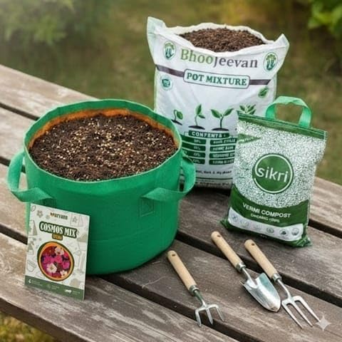 s Best Nursery Set of 2 - Cosmos Mixed Flower Essential Grow Kit - 18 X 9 Inch KIVO Grow Bag + 10Kg Potting Mix + 5 Kg Vermicompost (Brands may vary)-image-23