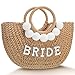 Bride Straw Beach Bag Hand Woven Bride Straw Purse with Pompom and Pearl Letters Top Handle Beach Tote Bag Rattan Straw Bag Large Bride Bag for Bachelorette Wedding Honeymoon