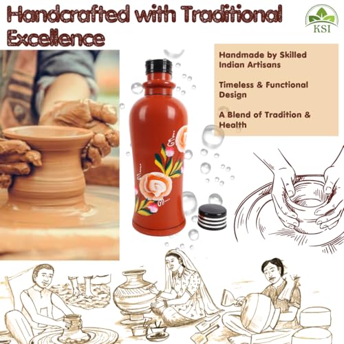 Image of KSI Organic Clay Water Bottle - 1L Earthen Mud Pot for Drinking Water with Jute Bag | Mitti Ki Bottle | Naturally Cools & Purifies | Eco-Friendly, BPA-Free, Chemical-Free | Handmade Terracotta Bottle