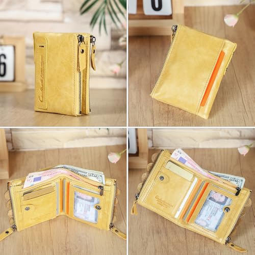 Image of CONTACTS Soft Leather Wallet for Women Small Bifold Coin Purse Double Zipper Card Holder with RFID Blocking (Yellow)