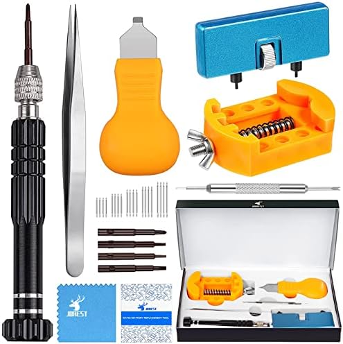 JOREST Watch Battery Replacement Kit, Watch Repair Screwdriver, Watch Band Replacement tool, Watch Wrench Back Remover, Watch Case Opener, Watch Back Remover Holder, Spring bar, Tweezers
