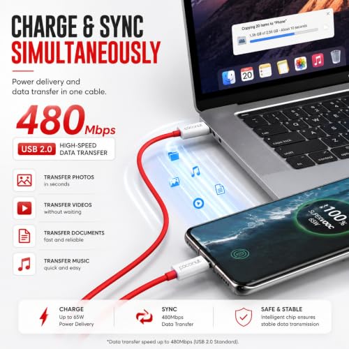 Image of coconut C1 USB to Type C Fast Charging Cable 65W, 1M Red, Dash /Warp /VOOC /SuperDart Support, USB C Cable for OnePlus, Realme, Oppo, Vivo, Android Fast Charger Data Sync Cable - 6 Months Warranty