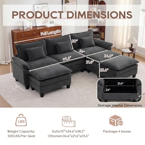 Image of IPKIG 117 inch Modular Cloud Couch with Storage, C Shaped Sectional Sofa | 3 Seater Dark Grey Velvet Deep Seat Sectional Couches with Ottoman and Pillow for Living Room, Apartment