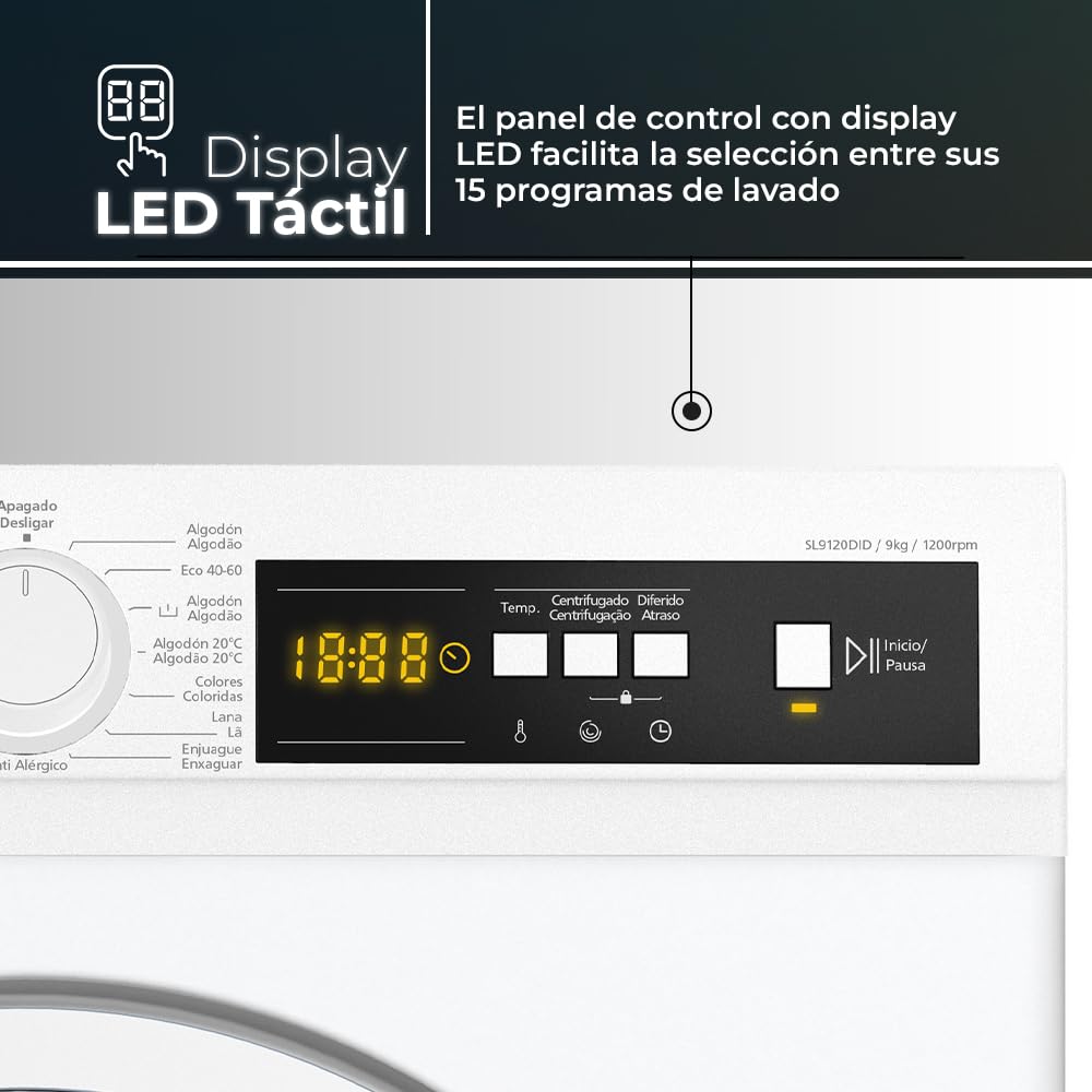 Svan Lavadora 9Kg Carga Frontal Blanco SL9120DID. 2200W, 1200rpm, Motor Inverter, 15 Programas, Función Stop&Go, Clase de Eficiencia Energética A