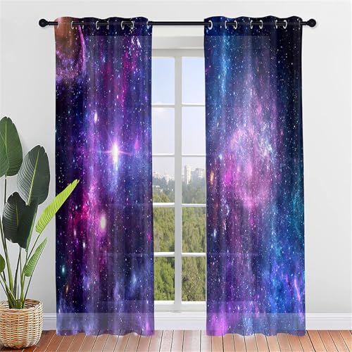 Odot Cortinas de Translucidas Salon, Patrón Planeta 3D Cortinas de Visillo para Ventanas 2 Piezas Cortina Ventana con Ojales para Dormitorio Comedor Habitacion (140x160cm,Cielo Estrellado)