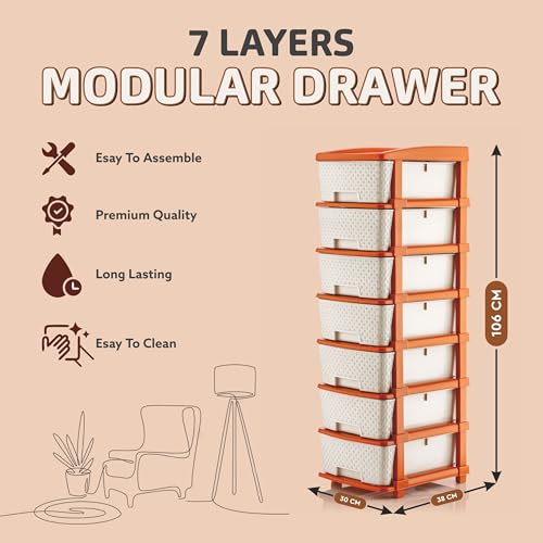 Image of HORPIN 7-Layer Plastic Drawer Storage Organiser | Modular Kitchen & Toy Organizer For Kids Room | Home, Office, Parlor, School, Doctors, Home And Kids | Brown & White (7XL Set)
